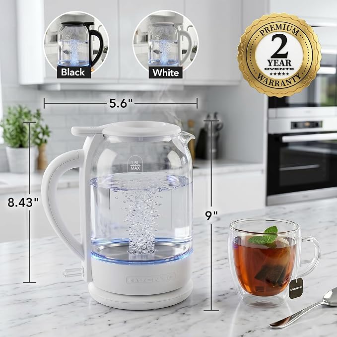 OVENTE Electric Kettle with 1.5L Borosilicate Glass, 1500W Fast Boiling Water Heater for Coffee or Tea, Easy to Fill Lid, Auto Shut-Off, Boil-Dry Protection & Stainless Steel Filter, White KG516W