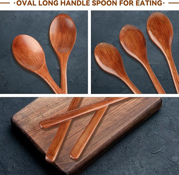 6 Pcs Wooden Spoons, 9 Inch Wood Soup Spoons for Cooking Mixing Eating,Oval Long Handle Spoon for Tea Jam Coffee Sugar Ice Cream and Bath Salts