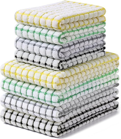 Homaxy Kitchen Towels and Dishcloths Set, 16 x 25 and 12 x 12 Inches, Set of 8 Cotton Terry Kitchen Dish Towels, Super Soft and Absorbent Dish Cloths, Black/Grey/Yellow/Green