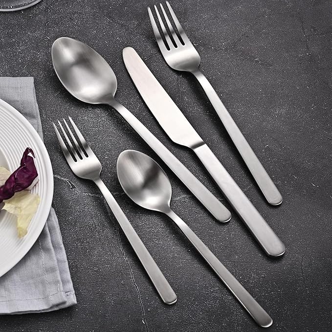 KINGSTONE Forged Silverware Set, 40-Piece Matte Flatware Set for 8, 18/10 Stainless Steel Silverware Cutlery Set Matte Satin Finish (Matte Silver)