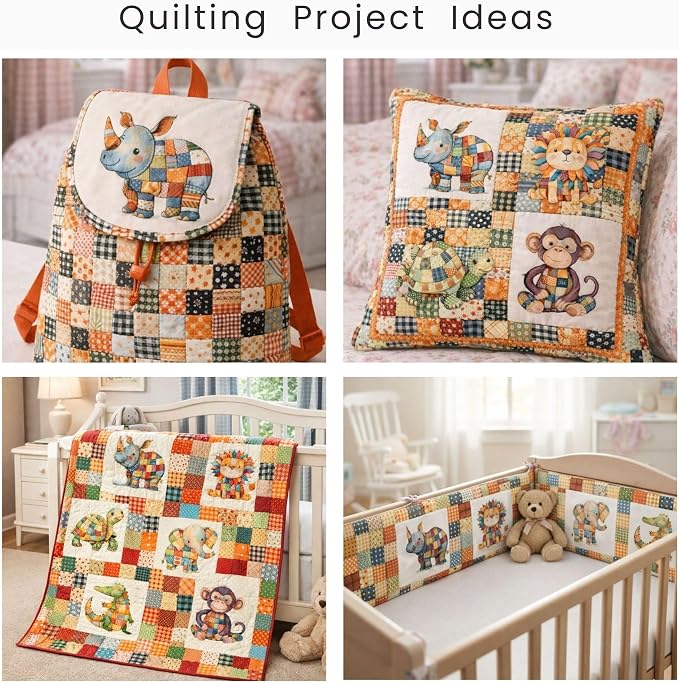 Cotton Fabric Panel – Single Continuous Patchwork Animal Panel with 6 Printed Squares (9.8” x 9.8”), Bonus Patchwork Area 29.5” x 19.7” – 100% Cotton Satin Fabric for Quilting, Sewing & Kids Crafts