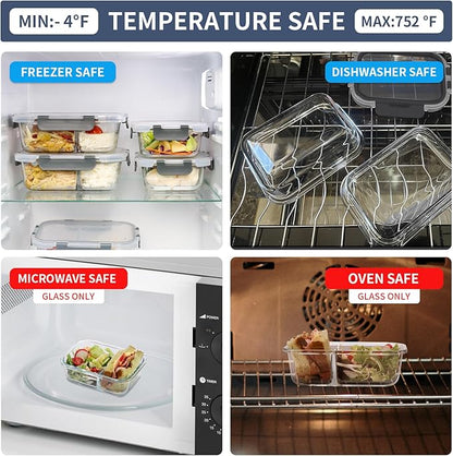 GULFLIN 2 & 3 Compartment Meal Prep Containers - Glass Food Storage Lunch Containers with Lids, Bento Box, Portion Control, Freezer to Microwave Safe