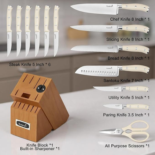KUISINE Upgraded Kitchen Chef Knife Set,High Carbon Stainless Steel Ultra Sharp Blade Ergonomic Handle,Knife Block Set with Built-in Sharpener,Elegant Gift for Holiday(Acacia Ivory,15PCS)