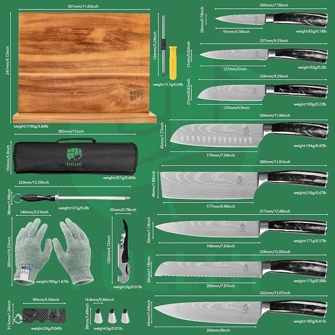 FULLHI 15pcs Japanese Knife Set with Magnetic Knife Block Holder, Japan Stainless Steel Blades, Black Resin Ergonomic Handles for Professional and Home Cooking