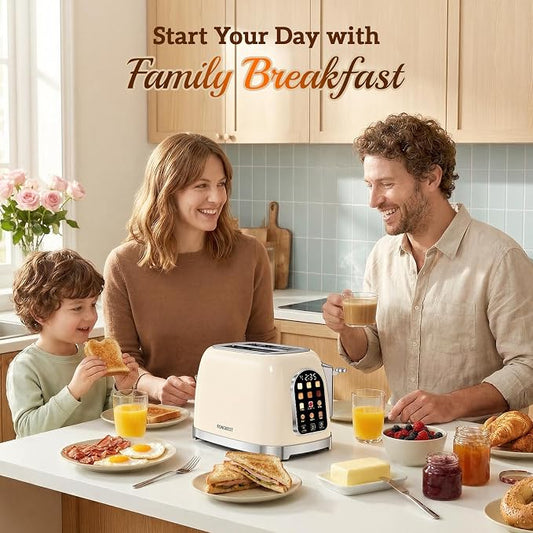RONGBEST Retro 2 Slice Touchscreen Toaster with Stainless Steel Wide Slot for Breakfast Bread Bagel, Reheat & Defrost, 6 Browning Levels, Removable Crumb Tray, Cream Color