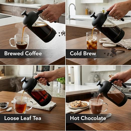OVENTE French Press Coffee Maker 12 Ounce with Heat Resistant Borosilicate Glass & Stainless Steel 4-Level Filtration System, Portable Cold Brew Coffee Maker for Travel, Camping or Gift, Black FPB12B