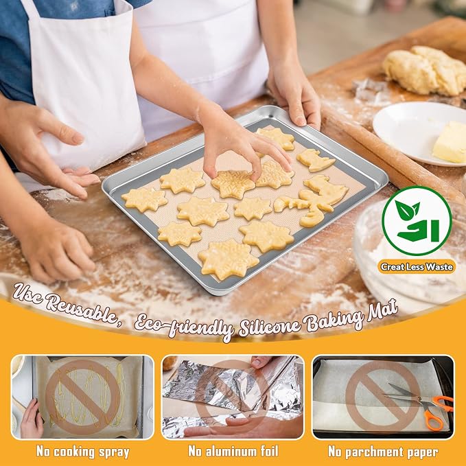 Toaster Oven Baking Sheet Set, E-far 10.5”x8.3” Small Stainless Steel Cookie Sheet Pan with Wire Rack & Silicone Mat for Cooking Broiling, Rimmed Metal Tray Roasting Cooling Bacon Steak