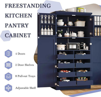 VilroCaz Freestanding Kitchen Pantry Tall Storage Cabinet, Wooden Kitchen Organizers with 4 Doors, 2 Door Shelves, 8 Pull-Out Trays and Adjustable Shelf for Dining Room Living Room (Blue-8.5)