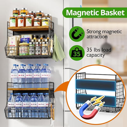 2 Pack Magnetic Shelf for Fridge with Wood Lid, Fruit Potato and Onion Storage Bins, Pantry Organizers and Storage, Strong Magnetic Spice Rack for Refrigerator, Kitchen Counter and Laundry Room