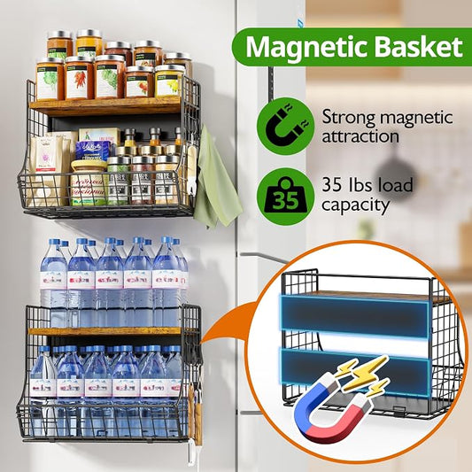 2 Pack Magnetic Shelf for Fridge with Wood Lid, Fruit Potato and Onion Storage Bins, Pantry Organizers and Storage, Strong Magnetic Spice Rack for Refrigerator, Kitchen Counter and Laundry Room