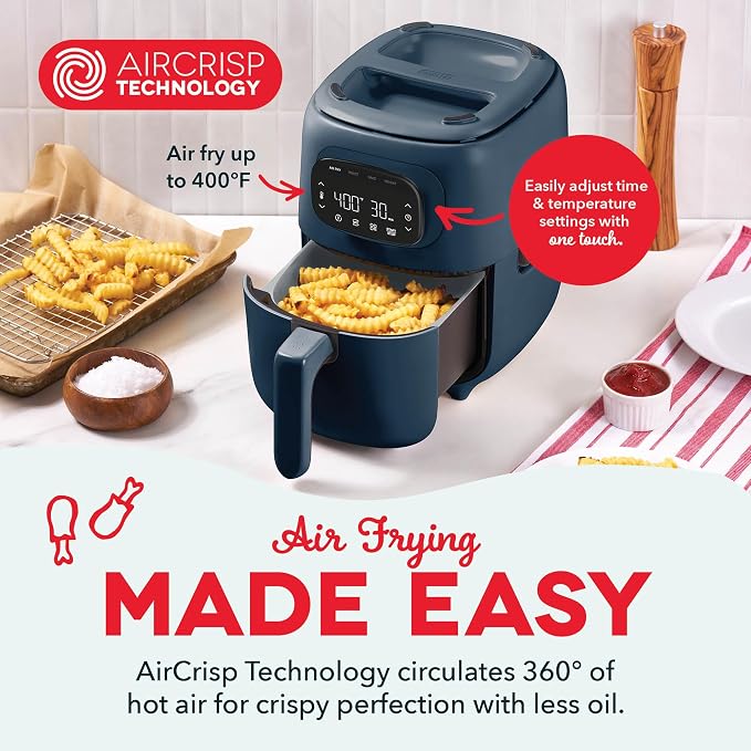 Dash Flip & Fry™ Digital 2-in-1 Grill & Air Fryer - Has AirCrisp® Technology - Digital Touchscreen, Ceramic Nonstick Grill Plate & Special Dehydrate Function - 3 Quarts - Navy