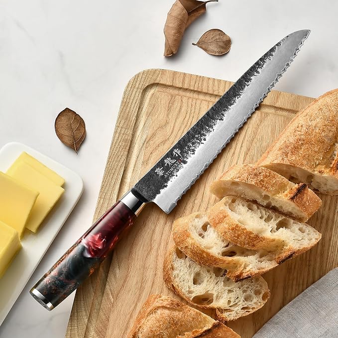 Japanese Bread Knife, 9 Inch Hand Forged VG10 Steel Serrated Sourdough Knife, Resharpenable Sharp Bread Cutting Knives, Low-Crumb Slicing for Sourdough, Homemade Bread & Bagels with Premium Gift Box