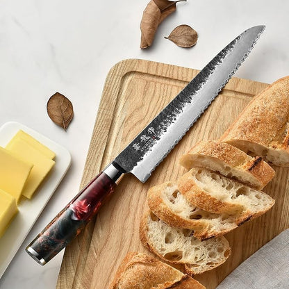 Japanese Bread Knife, 9 Inch Hand Forged VG10 Steel Serrated Sourdough Knife, Resharpenable Sharp Bread Cutting Knives, Low-Crumb Slicing for Sourdough, Homemade Bread & Bagels with Premium Gift Box