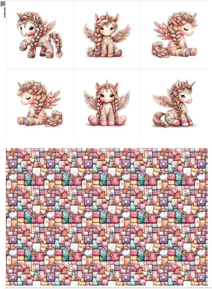 Unicorn Patchwork Cotton Fabric Panel – 6 Designs (10×10 inch Each) + Bonus Patchwork Sheet 29.5×19.6 inch, 100% Cotton 140 GSM