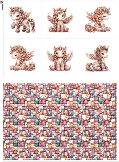 Unicorn Patchwork Cotton Fabric Panel – 6 Designs (10×10 inch Each) + Bonus Patchwork Sheet 29.5×19.6 inch, 100% Cotton 140 GSM