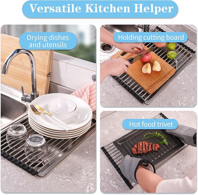 Seropy Roll Up Dish Drying Rack Over the Sink Drying Rack for Kitchen Counter, Rolling Dish Rack Over Sink Mat, Foldable Dish Drainer Stainless Steel Rack Kitchen Organization Gadgets 17.5"x11.8"