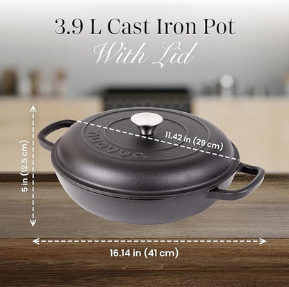 Shallow Cast Iron Casserole with Lid – Non Stick Dutch Oven Pot, Oven Safe up to 500° F – Sturdy Ovenproof Stockpot Cookware – Enamelled Cooking Pot – Black, 3.7-Quart, 30cm – by Nuovva