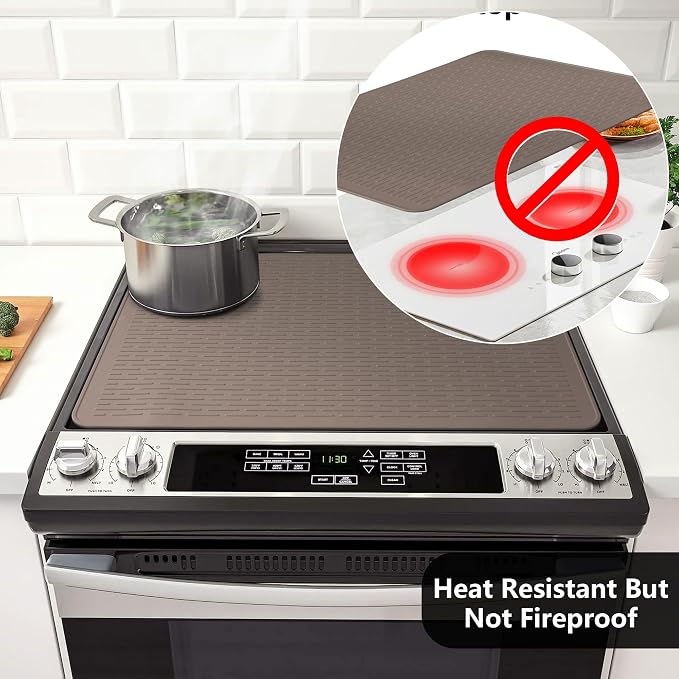 Stove Top Cover for Electric Stove- Range Covers for Electric Stove,Silicone XXL Dish Drying Mat, Glass Cooktop Covers, Flat RV Range top Mats (Coffee Thickened, 28"x20")