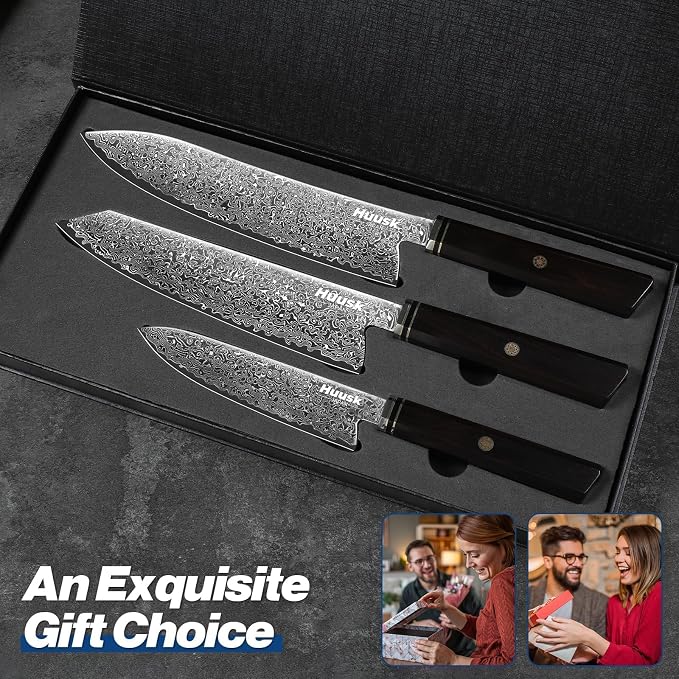 Huusk Damascus Chef Knife Set - 3 PCS Kitchen Knives Professional, Razor Sharp 67 Layers Damascus Japanese Knife Set for Kitchen with Wood Handle, Ideal Christmas Gifts for Men Women