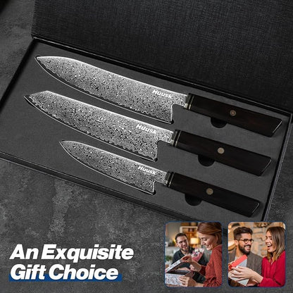 Huusk Damascus Chef Knife Set - 3 PCS Kitchen Knives Professional, Razor Sharp 67 Layers Damascus Japanese Knife Set for Kitchen with Wood Handle, Ideal Christmas Gifts for Men Women
