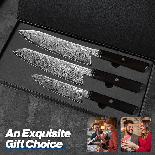 Huusk Damascus Chef Knife Set - 3 PCS Kitchen Knives Professional, Razor Sharp 67 Layers Damascus Japanese Knife Set for Kitchen with Wood Handle, Ideal Christmas Gifts for Men Women