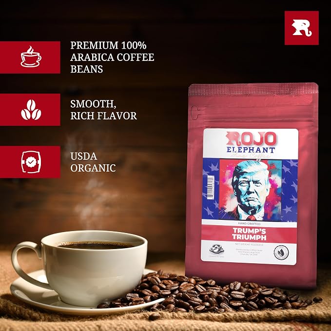 Rojo Elephant Caffeinated Ground Coffee, Single Origin Arabica Beans, Naturally Low Acid, Premium Ground Coffee (11 oz Bag) (Medium Dark Roast - Trump's Triumph)