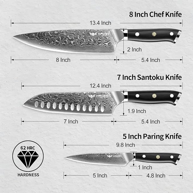 Damascus Knife Set - Haugo 3 PCS Professional Chef Knife Set with Japanese VG10 Steel Core - Ultra Sharp Kitchen Knives and Full Tang G10 Handle - Ronin Series - Gift Box