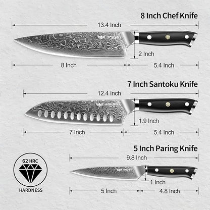 Damascus Knife Set - Haugo 3 PCS Professional Chef Knife Set with Japanese VG10 Steel Core - Ultra Sharp Kitchen Knives and Full Tang G10 Handle - Ronin Series - Gift Box