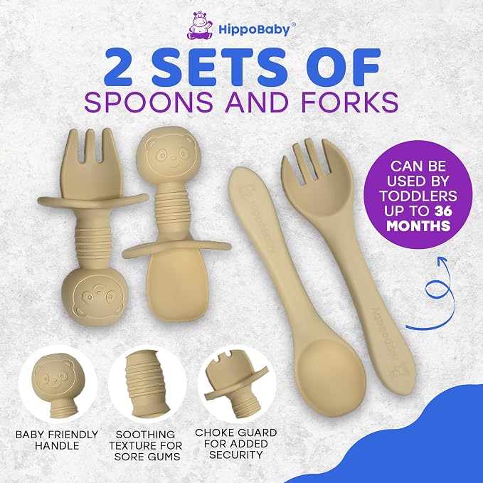 HippoBaby Baby Led Weaning Supplies | 10 Piece Silicone Baby Feeding Set | Baby Toddler Bib Cup Divided Plate and Bowl Self Feeding Spoons Dish Set | Baby Utensils | Toddler Feeding Supplies (Cream)