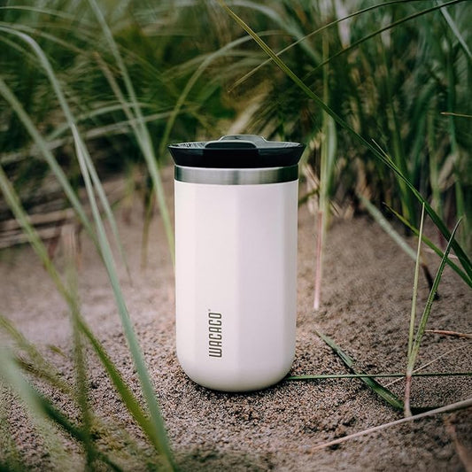 WACACO Octaroma Lungo Vacuum Insulated Coffee Mug, Double-wall Stainless Steel Travel Tumbler With Drinking Lid, 10 fl oz(300ml), Ceramic White