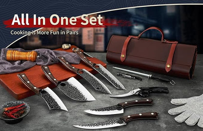 DRGSKL Serbian Chef Knife Set - Hand Forged Knife Set with Bag - Full Tang Kitchen Knives with High Carbon Steel - Meat Cleaver Butcher Boning Knives for Brisket Trimming - Gifts for Men and Women