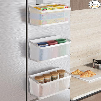3 Pack White Metal Magnetic Spice Rack for Refrigerator, Heavy Duty Magnet Shelf for Fridge, Drill Free Mesh Organizer Basket for Kitchen, Pantry, Laundry Room, Garage