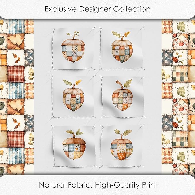 Patchwork Acorn Autumn Cotton Fabric Panel – 6 Designs (10×10 inch Each) + Bonus Sheet 29.5×19.6 inch, 100% Cotton 140 GSM, Made in Türkiye