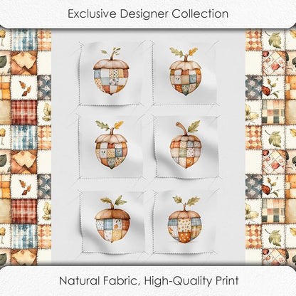 Patchwork Acorn Autumn Cotton Fabric Panel – 6 Designs (10×10 inch Each) + Bonus Sheet 29.5×19.6 inch, 100% Cotton 140 GSM, Made in Türkiye