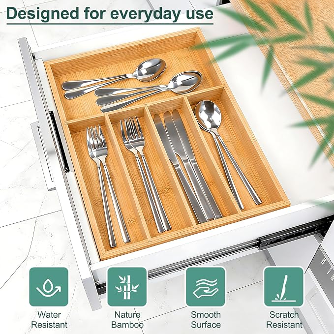 Silverware Drawer Storage, 5-Compartment Bamboo Cutlery Rack, Kitchen Cutlery Storage Box