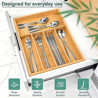 Silverware Drawer Storage, 5-Compartment Bamboo Cutlery Rack, Kitchen Cutlery Storage Box