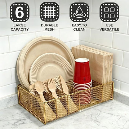 Paper Plate Organizer for Countertop - Metal Utensil Caddy Silverware Holder Cutlery Flatware Plastic Spoon Fork Plates Napkins Cup Storage Dispenser Party Picnic Essentials Camping Gold