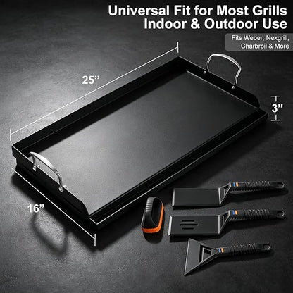 25" x 16" Cast Iron Griddle for Gas Grill with Silicone Griddle Tool Kit, Pre-Seasoned Grill Griddle for Gas/Charcoal Grills, Flat Top Grill Accessories Set with Spatulas, Scraper Cleaning Brush