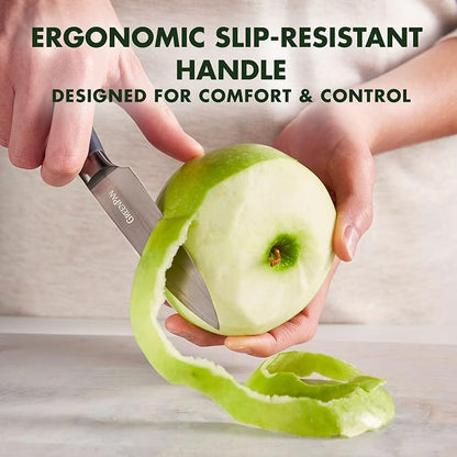 GreenPan 16-Piece Knife Block Set, Professional Stainless Steel Blades with Titanium Coating, Ultra-Sharp Kitchen Cutlery, Chef, Santoku, Bread & Steak Knives, Ergonomic Grip, Slip Resistant, Gray