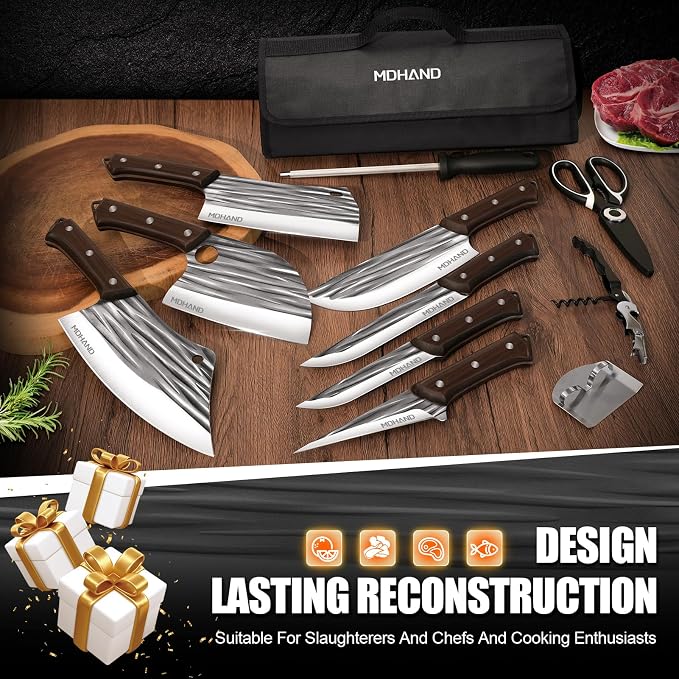 MDHAND Butcher Knife Set, Hand Forged Serbian Chef Knife Set with Roll Bag, Heavy Duty Meat Cleaver Knives, Boning Knife, Meat Cutting Knife for Home Kitchen & Camping BBQ, Gifts for Men Women
