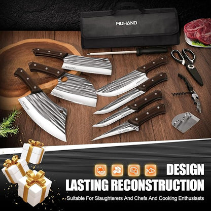 MDHAND Butcher Knife Set, Hand Forged Serbian Chef Knife Set with Roll Bag, Heavy Duty Meat Cleaver Knives, Boning Knife, Meat Cutting Knife for Home Kitchen & Camping BBQ, Gifts for Men Women