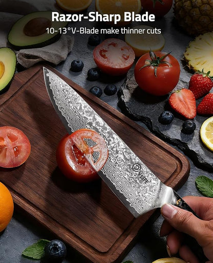 CVLIFE Chef Knife, 8 Inch Damascus Knife with Japanese High Carbon 10Cr15Mov Core, Full Tang Ergonomic Handle for Balance & Control, Razor Sharp Kitchen Knife for Cooking with Sheath & Box
