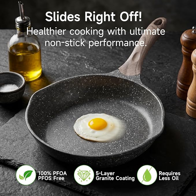 JEETEE 10 Inch Nonstick Frying Pan Stone Coating Cookware, Nonstick Omelette Skillet with Soft Touch Handle, Compatible with All Stoves