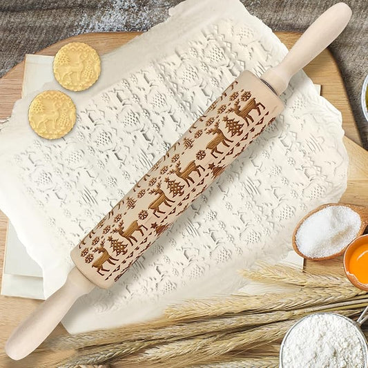 Embossed Wooden Rolling Pin, 3D Engraved Snowflake Elk Deer Laser Engraved DIY Tool for Kids and Adults to Make Cookie Dough Crusts Pies Pastry