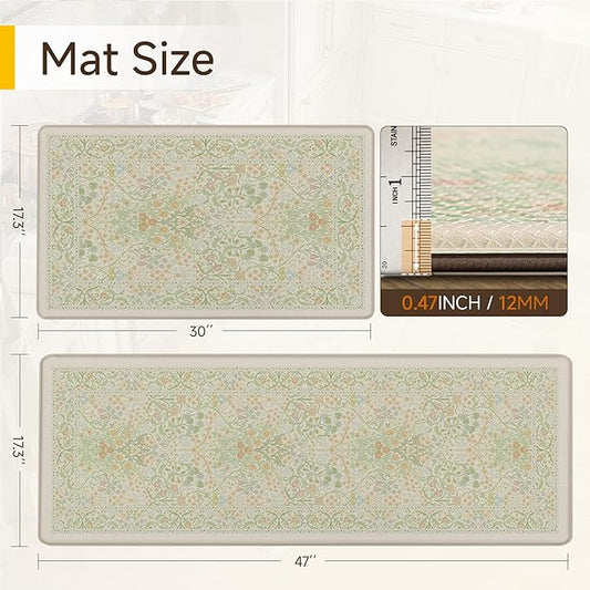 Kitchen Mats for Floor Thick Anti Fatigue Waterproof Vintage Spring Floral Kitchen Rugs 2PCS Cushioned Non Slip Green Comfort Standing Mats for Sink Laundry Office 17.3"×47"+17.3"×30"