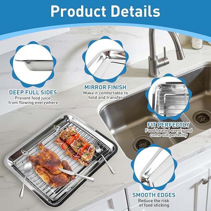 4 PCS Stainless Steel Baking Sheet Set,16 X 12 In Baking Pan (2 Sheets + 2 Racks) with Stainless Steel Fork,Spoon and Knife,Rust Baking Tray Pan for Kitchen Oven,Easy Clean&Durable