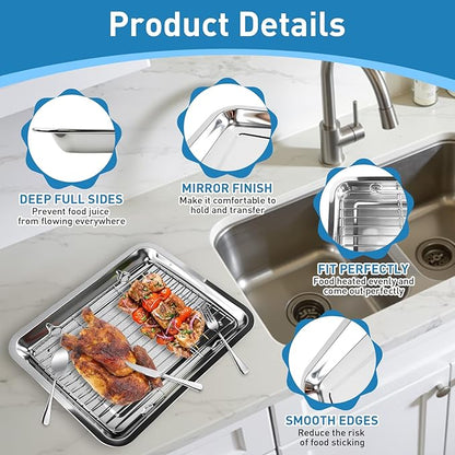 4 PCS Stainless Steel Baking Sheet Set,16 X 12 In Baking Pan (2 Sheets + 2 Racks) with Stainless Steel Fork,Spoon and Knife,Rust Baking Tray Pan for Kitchen Oven,Easy Clean&Durable