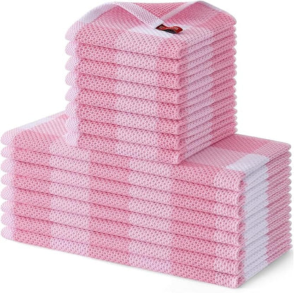 Homaxy Kitchen Towels and Dishcloths Set, 12 x 12 and 13 x 28 Inches, Set of 16 100% Cotton Waffle Weave Check Plaid Kitchen Dish Towels, Super Soft and Absorbent Dish Cloths, White & Pink