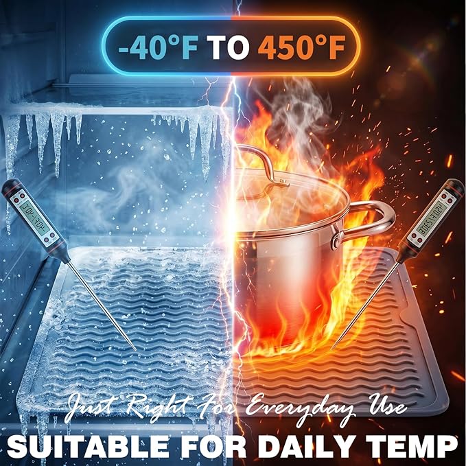 Temperature range graphic showing -40°F to 450°F with thermometers in cold and hot conditions.