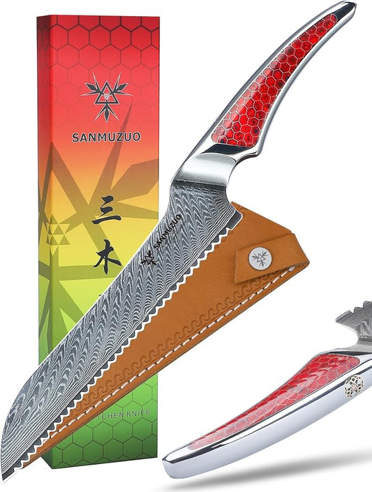 8 inch Serrated Bread Knife, Japanese VG-10 Damascus Steel Kitchen Knife, Ultra Sharp Bread Cutting Knife with Full-tang Handle in Red Resin, LA-S9 Series